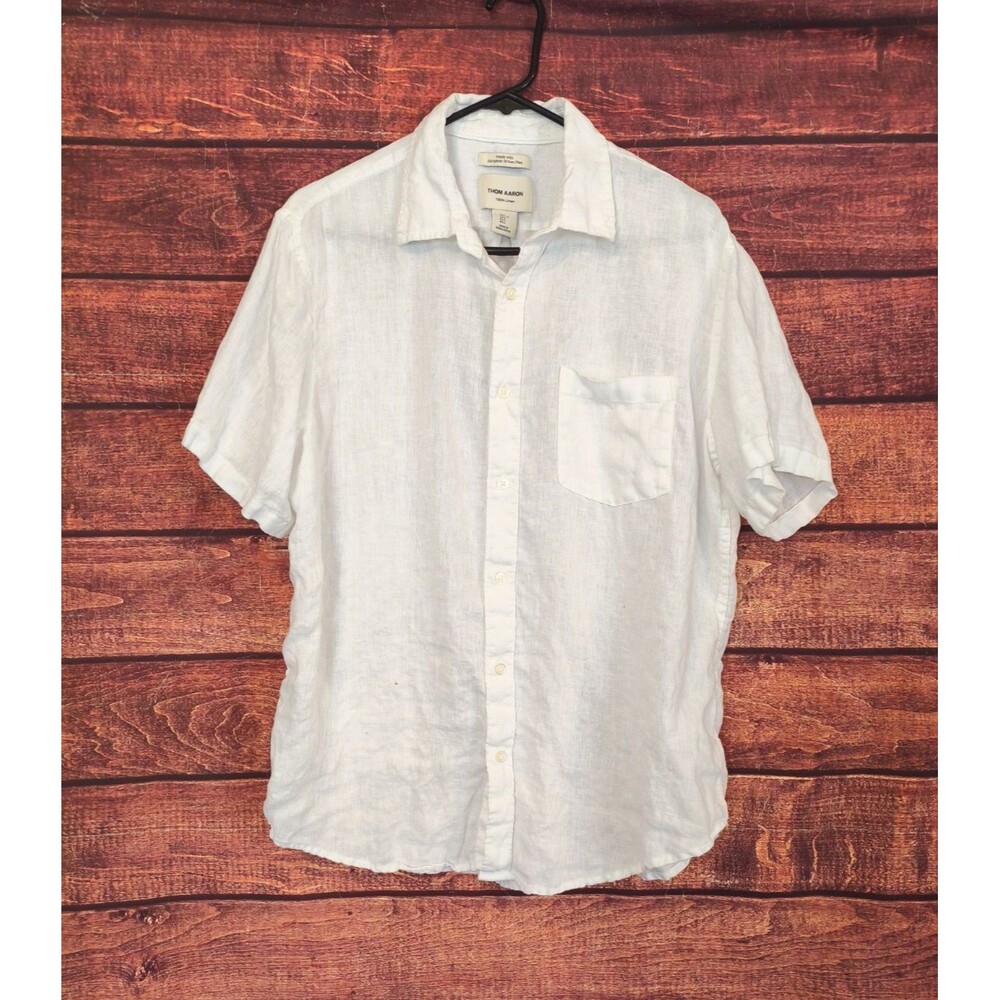 Thom Aaron Men's 100% White Linen Button Up European Grown Flax‎ Large